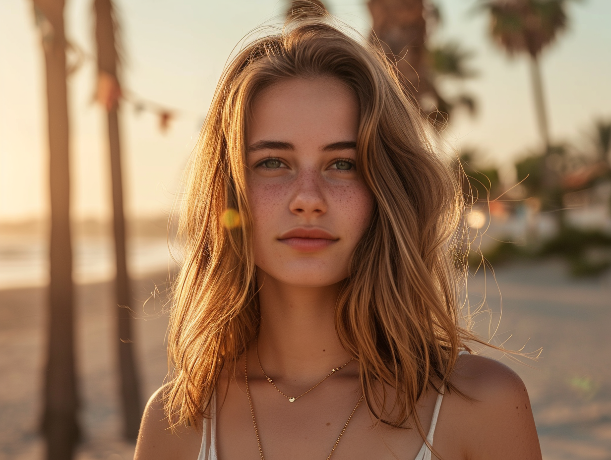 Junge Frau am Strand mit Halsketten aus Gold Filled